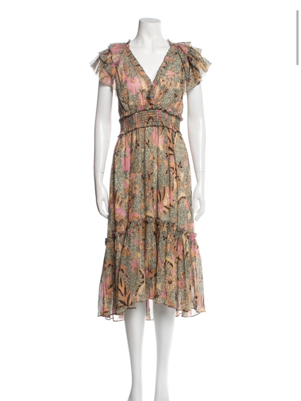 Ulla Johnson Floral Ruffled Midi Dress in Pink and Green